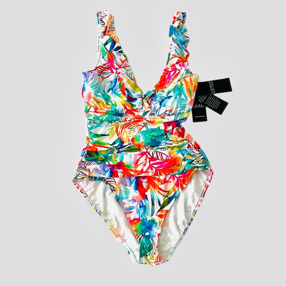 Lauren Ralph Lauren Tropical Print Ruffle Surplice One Piece Swimsuit
